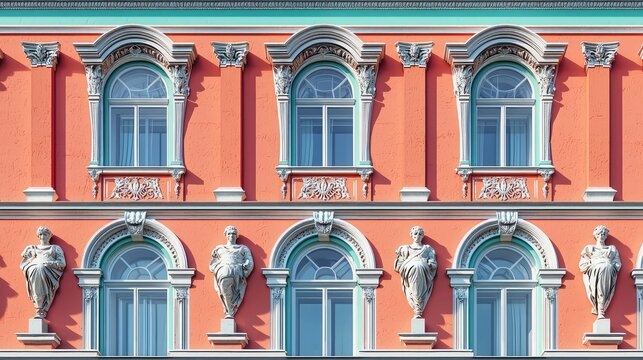 Stunning architectural details of a vibrant coral facade with ornate windows and sculptures, showcasing classical design elements.
