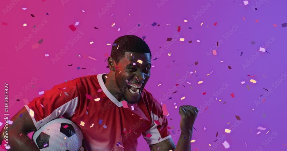 Poster Animation of confetti falling over african american footballer celebrating