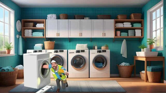 An electrician fixing a washing machine. 3d animated character. cartoon character