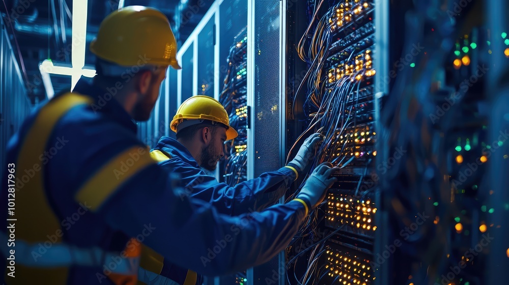 Poster technicians working in a data center, inspecting server racks and managing network connections in a 