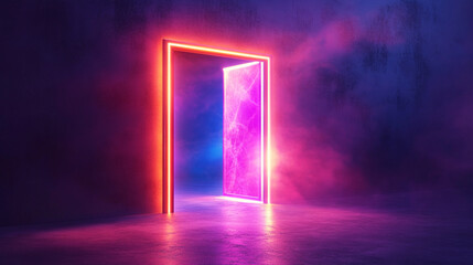 futuristic open door illuminated by vibrant neon lights symbolizes new opportunities and innovation. The digital technology backdrop represents a convergence of reality and imagination