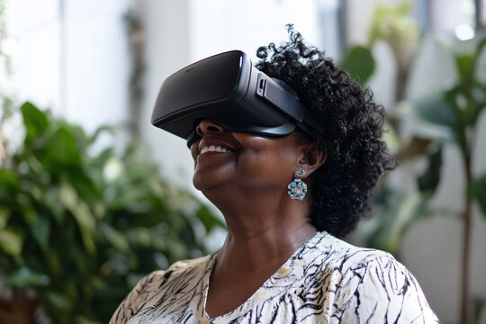 Middle-Aged Woman Enjoying Virtual Reality Experience