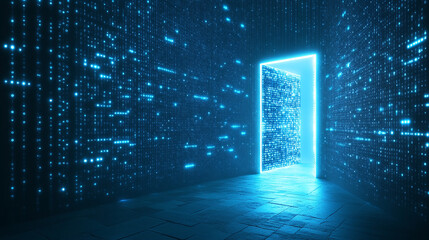 futuristic open door illuminated by vibrant neon lights symbolizes new opportunities and innovation. The digital technology backdrop represents a convergence of reality and imagination