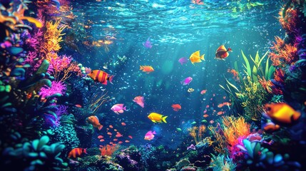 Vibrant underwater scene with colorful fish swimming among lush coral reefs and aquatic plants, creating a serene ocean ecosystem.