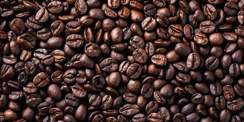 Fototapeta premium Close-up of roasted coffee beans spread across surface. Coffee drink and caffeine concept.