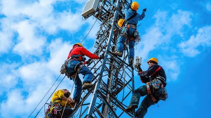 Fototapeta premium Workers climbing a telecommunications tower, wearing safety gear, installing equipment against a backdrop of blue sky.