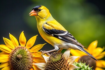 Obraz premium Male American Goldfinch on Sunflower with Seeds - Vibrant Yellow and Black Bird in Natural Habitat Feeding Nearby
