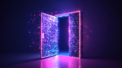 futuristic open door illuminated by vibrant neon lights symbolizes new opportunities and innovation. The digital technology backdrop represents a convergence of reality and imagination