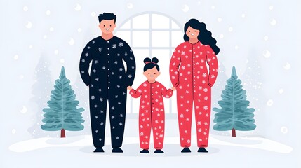 A happy family of four stands together, dressed in matching pajamas, smiling joyfully in a serene winter setting.Matching Family Pajamas