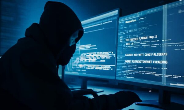 Cyber ​​hacker steals personal data with hologram interface, representing internet phishing, web security and cyber attack