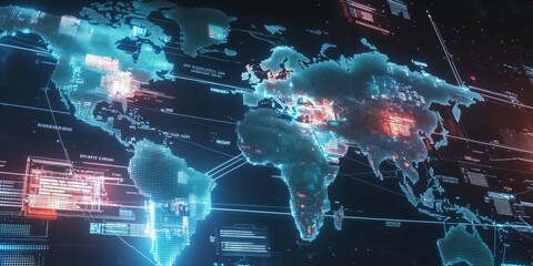 Fototapeta premium Futuristic World Map with High-Tech Data Interface, Showcasing Global Connectivity and Digital Analysis