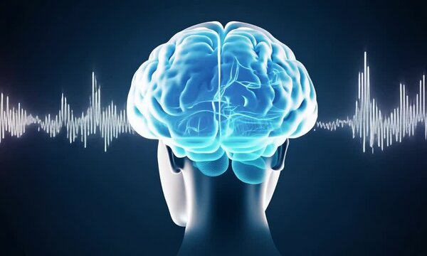 Human head and brain anatomy with various types of waveforms produced by brain activity on a dark background