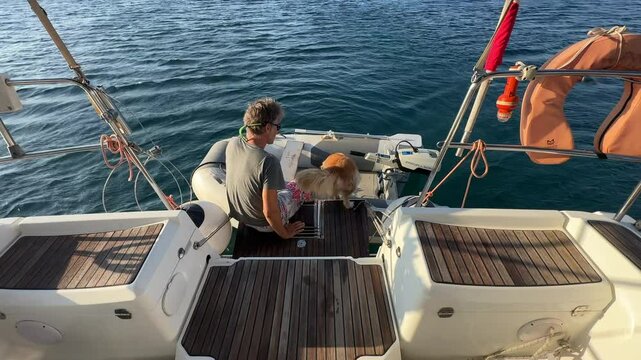 Greece, Astypalea, a golden retriever is jumping from the back of sail boat to the dingy. The captain and the dog is leaving the sailboat and moving slowly towards the land with dingy early morning.