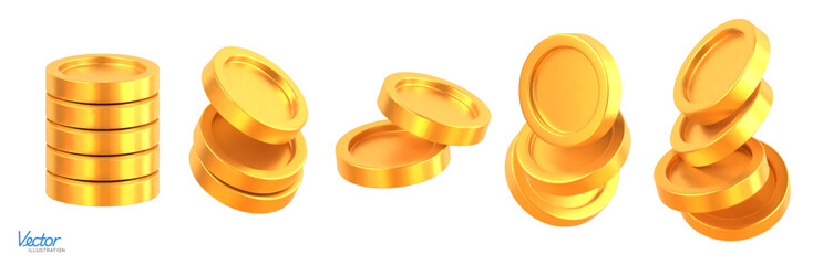Set of Realistic Golden Coins stack. Blank Coin money stacked isolated on white background. Gold cash currency for payment. Symbol of wealth, income and finance. Vector 3d illustration.