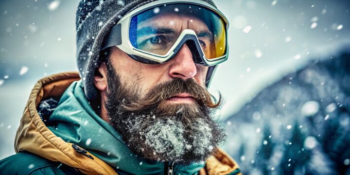 Primer plano de hombre con barba en traje de esqu&iacute; y gafas, retrato en la nieve, estilo de