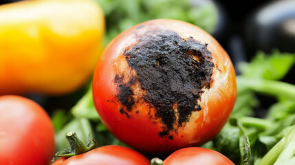 Fresh vegetables with a single rotten tomato in the center, symbolizing food contamination and the importance of quality control in food safety.