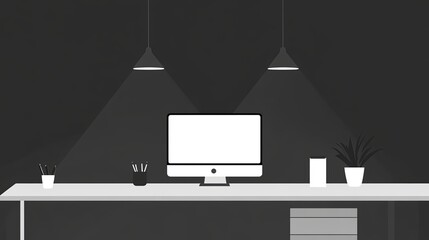 A minimalist workspace featuring a computer, desk, and plant, designed for productivity and focus.