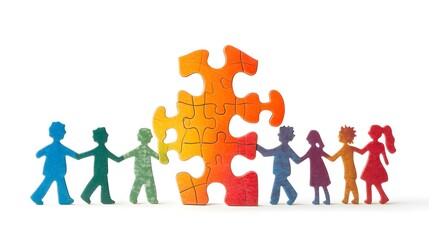 A puzzle piece representing the autism spectrum, with a family participating in supportive activities and holding hands