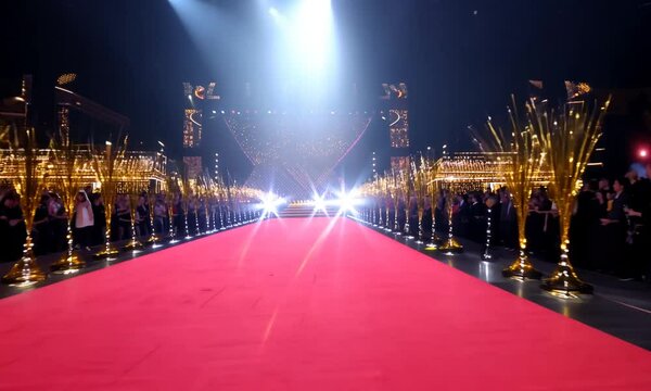 Red carpet entrance for awards ceremony with magnificent stage lights