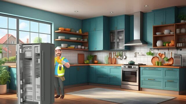 3d animated character. An electrician fixing a fridge in home kitchen.