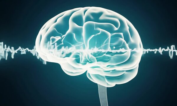 Anatomy of the human head and brain with waves produced by brain activity
