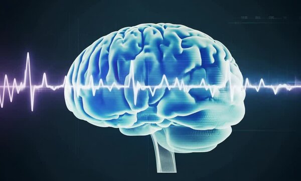 Anatomy of the human head and brain with waves produced by brain activity