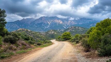 Mountain landscape with road, cloudy sky