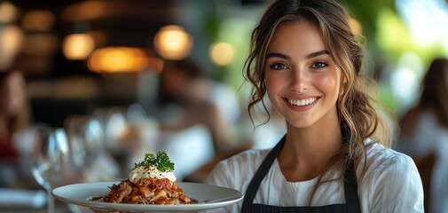 A restaurant server delivering a beautifully plated dish to a customer who smiles in anticipation at their table