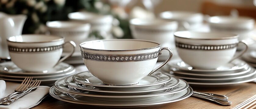 Classic white bone china dinnerware set with silver accents, isolated on white background, clip art style, perfect for formal and highend dining campaigns - Powered by Adobe