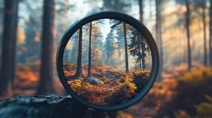 A forest scene framed by a circular lens, showcasing vibrant autumn colors and light.