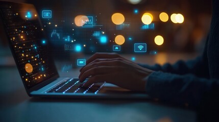 Person Working on Laptop with Digital Icons