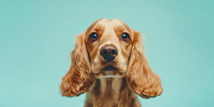 Close-up portrait of a golden cocker spaniel looking directly at the camera on a blue background.