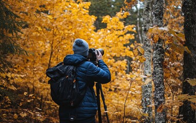 Naklejka premium A photographer captures autumn scenery in a forest filled with vibrant orange leaves.