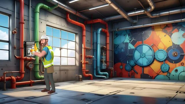 An electrician fixing a fuse in an industrial room. 3d animated character. cartoon character