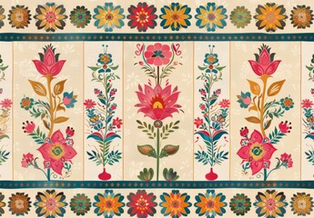Design fabric  an intricate pattern with Indian-inspired motifs, incorporating vibrant reds and oranges for the border