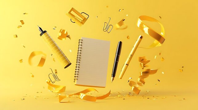 Gold Confetti Notebook  Pens  and Stationery on Yellow Background