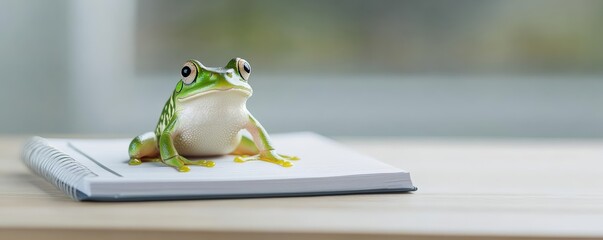 Frog on a business planner close up, focus on, copy space Soft greens and smooth textures, Double exposure silhouette with adaptability