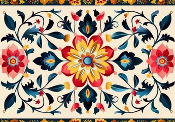 Design fabric  an intricate pattern with Indian-inspired motifs, incorporating vibrant reds and oranges for the border