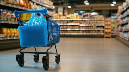 Shopping Cart in Supermarket Aisle