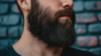 Fototapeta premium Close-up shot of a thick, well-groomed beard on a man's face with a brick wall background. Highlights masculinity and personal grooming.