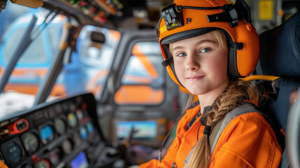 Young girl in an orange pilot uniform and helmet sitting in the cockpit of an aircraft, smiling confidently as she looks ahead, suggesting ambition and focus.