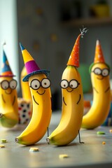 A playful scene featuring a group of bananas dressed as characters, each with tiny hats and accessories.