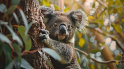 Fototapeta premium a koala bear climbing a tree in a forest