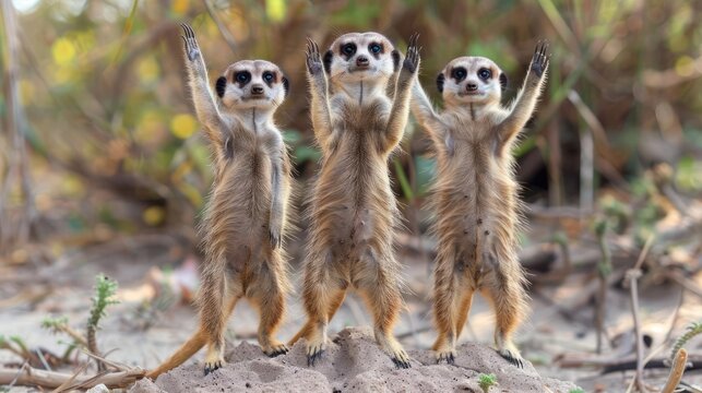 a group of three meerkats standing on top of a rock