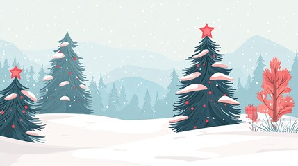 Obraz premium A serene winter landscape featuring snow-covered trees adorned with ornaments and a star, creating a festive atmosphere.