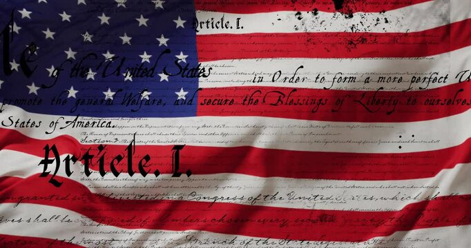 Animation of american constitution text over waving american flag