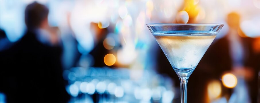 Martini glass at a corporate party close up, focus on, copy space Elegant tones and crisp lighting, Double exposure silhouette with celebration