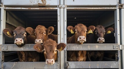 Cattle being transported in a large truck, with the driver securing the animals safely inside before heading to a new pasture.