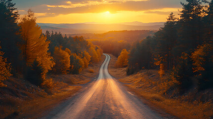 Obraz premium Top drone view of road in woods. Beautiful landscape with roadway in hills, pine trees, meadows, golden sunlight in fall. Travel