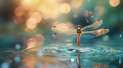 Naklejka premium Dragonfly Landing on Water